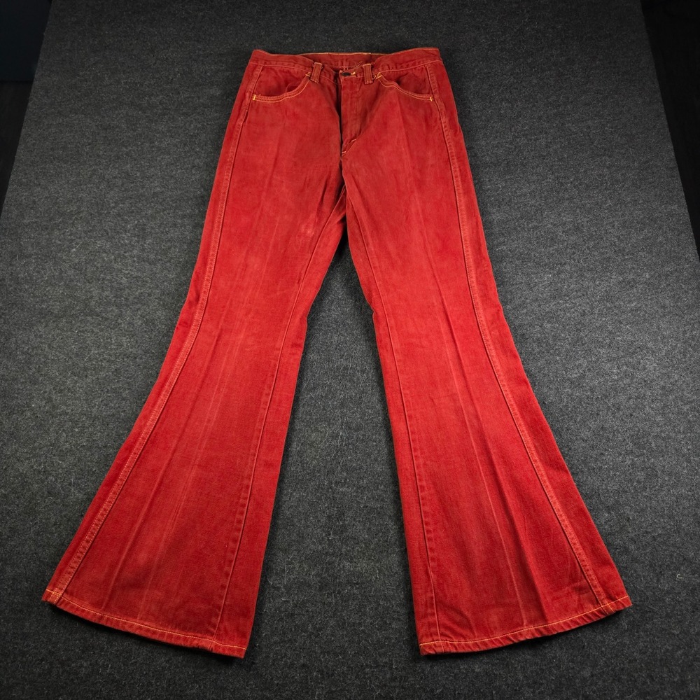 Vtg 70s Red Orange Flare Bell Bottom Jeans High Waist Contrast Stitch 30Wx31L